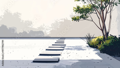 Minimal courtyard showcasing linear pavers beside quiet foliage. Calm architecture scene balancing shadows against blank wall. Modern retreat conveying stillness through clean geometry