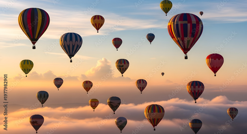 Naklejka premium A serene landscape of hot air balloons floating above the clouds at sunset