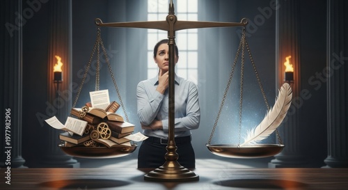 Businesswoman stands behind golden scales of justice holding pensive pose in dark office with papers