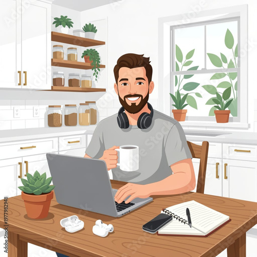 Vector Illustration of Man with Headphones and Laptop