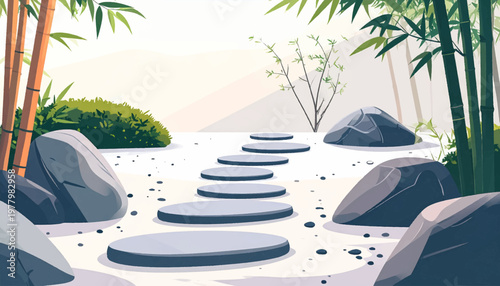 Receding stone sequence guiding vision through airy zen enclosure. Balanced bamboo scenery highlighting neutral sand, rocks, simplicity. Spacious wellness backdrop suited for branding, poster