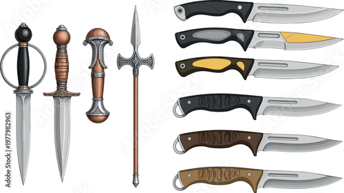 Realistic knife and dagger collection with detailed handles and blades, tactical and medieval weapons set for hunting, survival, and design use