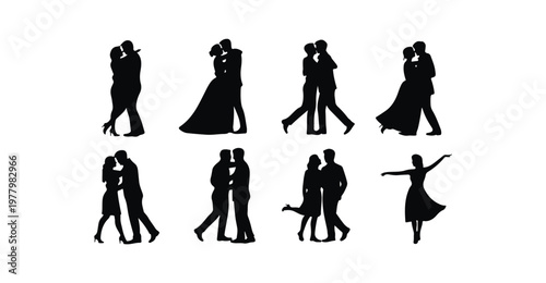 Wedding couple silhouettes dancing and walking together in various poses for bridal design.