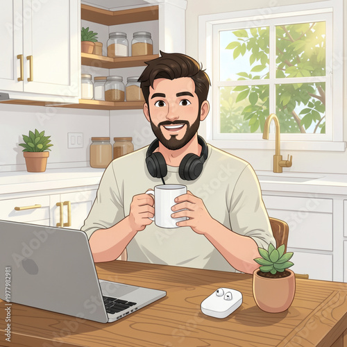 Man Working from Home in Modern Kitchen with Laptop and Coffee