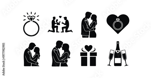 Proposal and engagement icon set featuring diamond ring gift box champagne and heart sign.