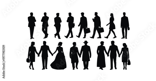 People silhouettes set, men and women in various poses, business and formal attire.