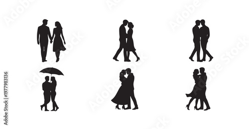 Romantic couples silhouette collection, various poses of love and affection, vector set.