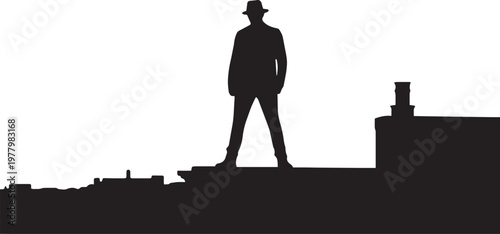 Silhouette of a man standing on a ledge against a white background