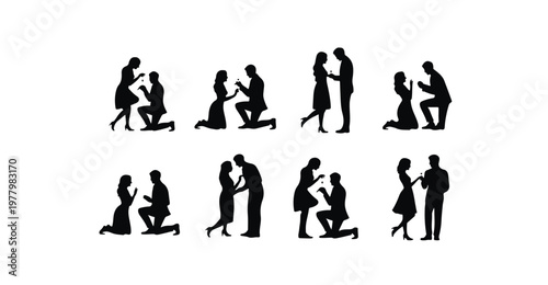 Couple proposal silhouette vector icon set proposal marriage engagement ring vector.