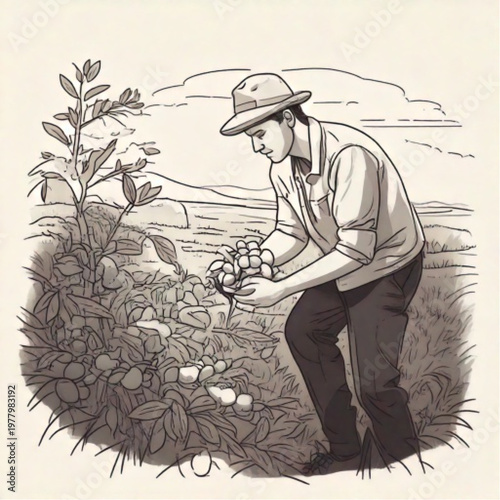 Person wearing a hat inspecting plants outdoors.