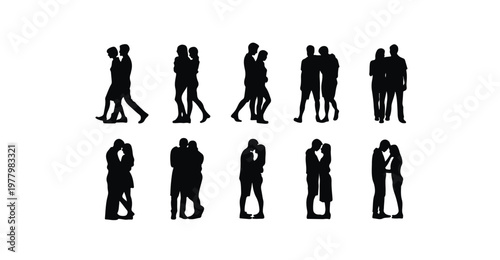 Young couple silhouettes set showing diverse daily life interactions and casual clothing.