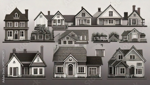 Collection of vintage houses and cottages in black and white.