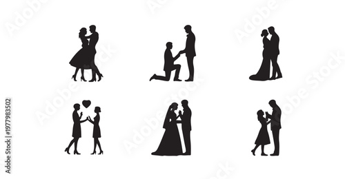 Romantic couple poses wedding proposal and dance silhouettes for love stories.