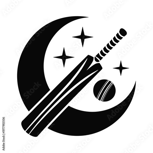 Stylized black silhouette of a cricket bat and ball against a crescent moon and stars