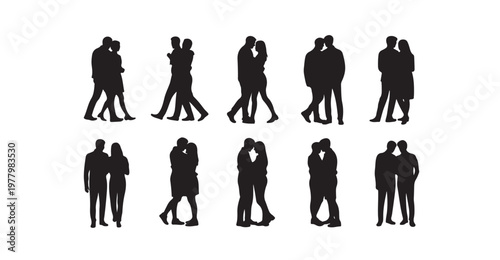 Various loving couple poses silhouettes for romance and relationship concepts.