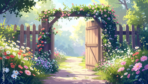 Picket gate wrapped in blossoms beside a soft garden path. Rustic wooden entry surrounded by daisies and cottage flowers. Open floral doorway with meadow borders and gentle morning color