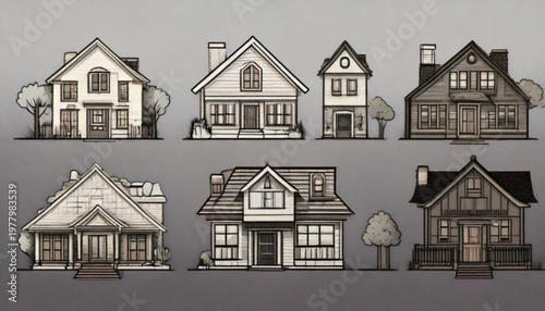 Collection of Diverse Architectural House Designs Sketches.