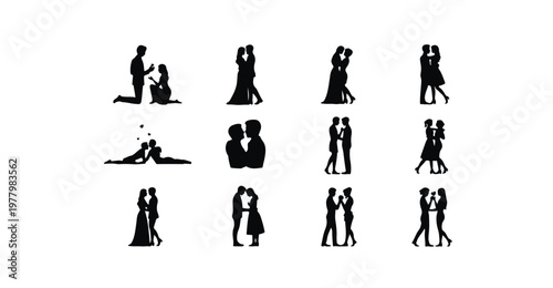 Wedding couple silhouettes proposal dance and romantic embrace poses.