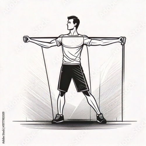 Man exercising with resistance band for chest and arms.