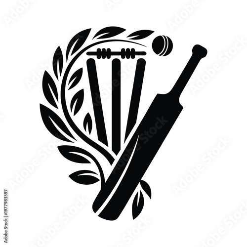 Stylized black silhouette representing cricket sport with wicket bat ball and laurel wreath