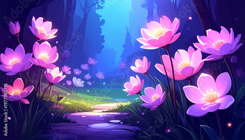 Luminous pink petals border a moonlit path through deep woodland. Enchanted blooms guide a quiet trail beneath blue nocturnal trees. Dreamy floral lanterns brighten a serene forest walkway at dusk