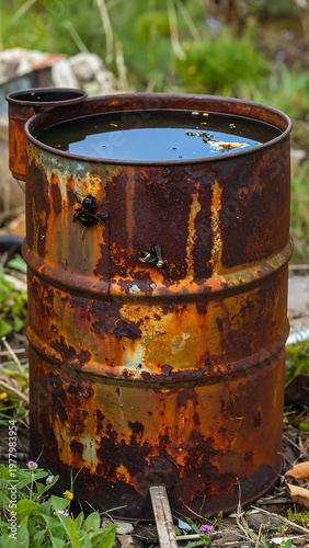 A rusty oil drum in a grassy area with another drum behind