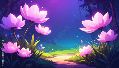 Giant blossoms glow around a quiet clearing in a dreamy night. Luminous flowers frame an open fantasy glade with pastel light. Whimsical petals brighten a serene garden hollow after dusk
