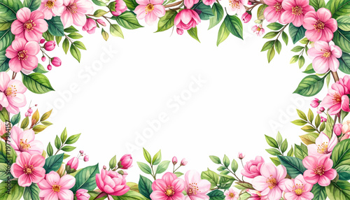 Romantic pink border for invitations, greetings, and elegant prints. Botanical blossom frame with airy center and fresh leaf details. Painted flower edges surrounding spacious white card composition