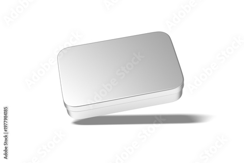 Silver rectangular tin container floating in mid-air with tilted angle isolated, 3D Illustration