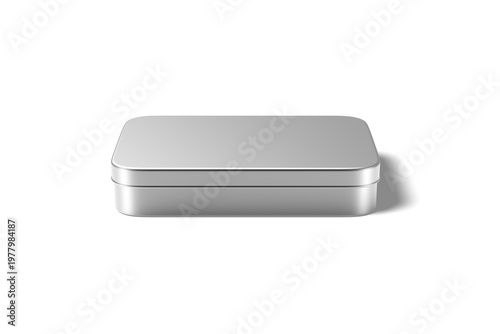 Silver Metal Tin Box Mockup with Rounded Corners Isolated, 3D Illustration