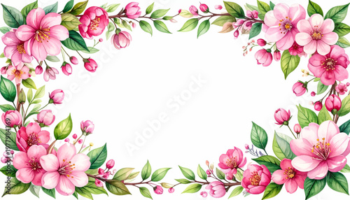 Rectangular blossom border with vivid corners and flowing branches. Garden inspired frame for invitations, posters, and premium prints. Pink floral margins enclosing spacious composition on white