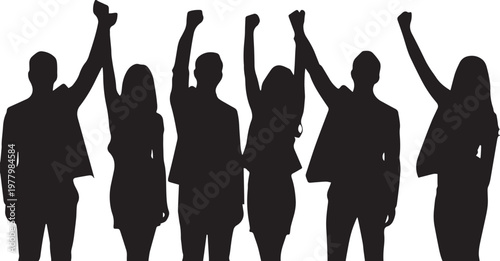 Silhouette of diverse group of people raising fists in unity