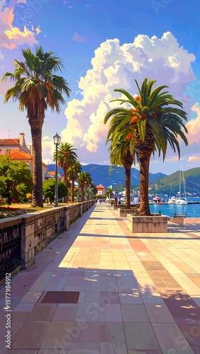 A scenic walkway along a waterfront with palm trees and boats
