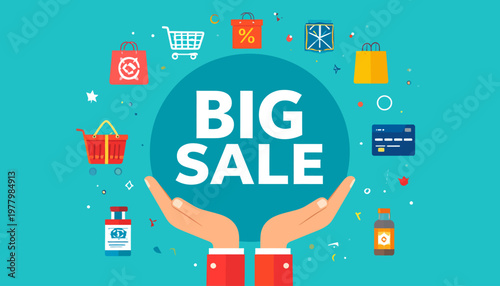 Hands holding a Big Sale sign surrounded by various shopping and e-commerce icons.