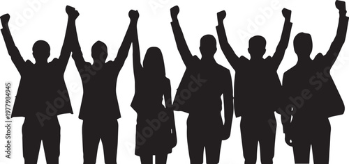 Silhouette of diverse group of people with raised fists in unison