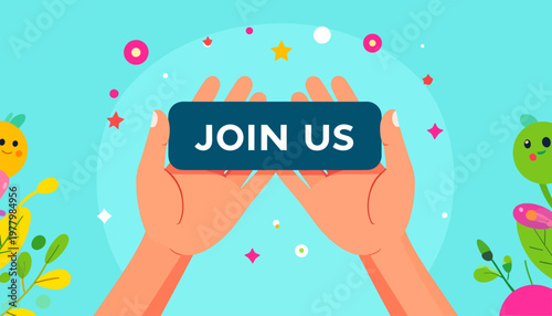 Hands Holding a Join Us Button, Inviting Participation.