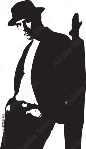 Silhouette of man in fedora and suit looking down vector
