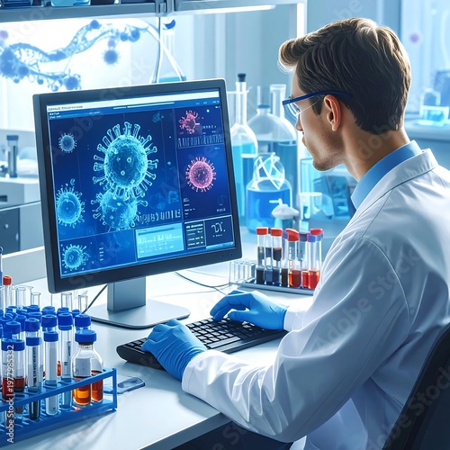 A scientist working on a computer with virus structures on the screen