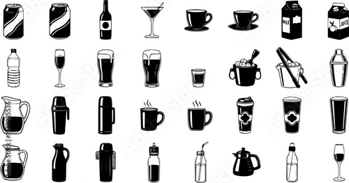 Food  Drink Black  White Line Art Icons Set: Monochromatic Glyph Collection of Beverages, Bottles, Cans, Cups, Glasses, and Drink Containers
