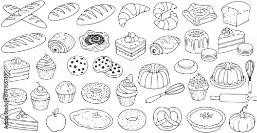 Bakery Food Black and White Line Art Doodle Collection. Pastries, Bread, Desserts, Cakes,  Baking Tools Vector Outline Illustration Set