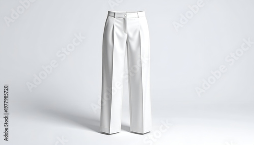 High-waisted, wide-leg, white trousers. Clean backdrop, good lighting, front view