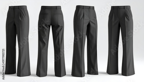 Four views of dress pants; front, back, and side angles against a white backdrop