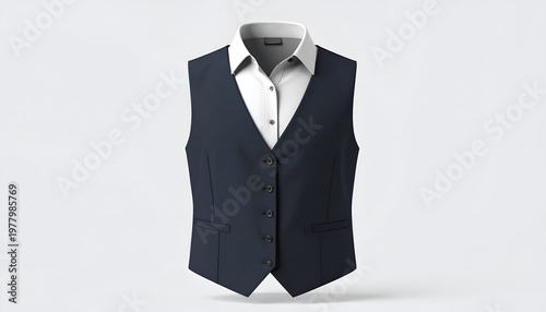 Front view of a dark blue vest over a white collared shirt, buttons closed, on white