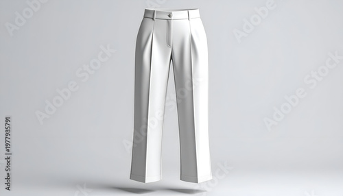 Rendered white, tailored trousers, suspended in a neutral, illuminated studio setup