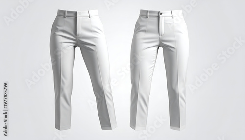 Two pairs of elegant white trousers, slightly angled, against a soft gray backdrop