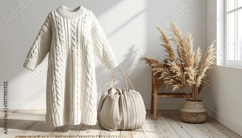 Cozy, white knit dress, soft purse, and dried grass in neutral-toned room