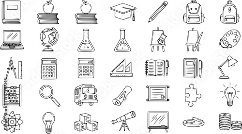 Education and School Supplies Doodle Icons Set - Hand Drawn Black and White Line Art Learning Symbols Collection