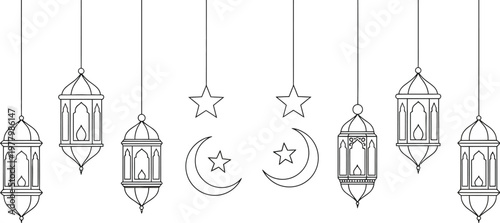 Lanterns hang in a symmetrical arrangement between crescent moon and star icons for an Islamic festive background.