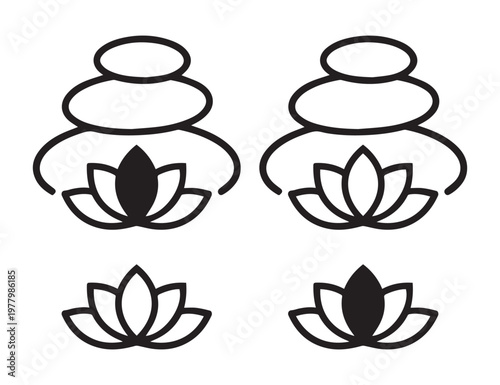A set of spa, meditation, and relaxation icons. Includes lotus, candle, and zen stones. Perfect for wellness branding, yoga studios, and mindful living designs.