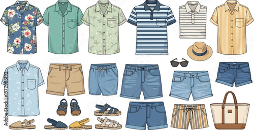 Collection of men's summer clothing and accessories for casual warm weather wear.